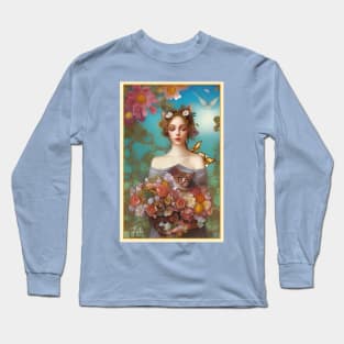 Painting of girl with roses and cat by Ziola Rosa - nature art deco rose Long Sleeve T-Shirt